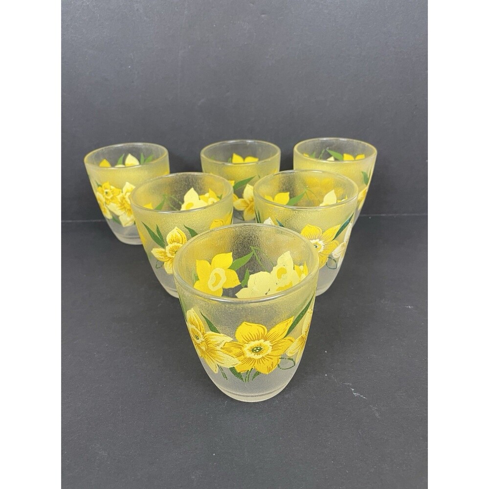Vintage Set of 6 HJ Stotter USA Acrylic Yellow Daffodil Drinking Glasses Cup